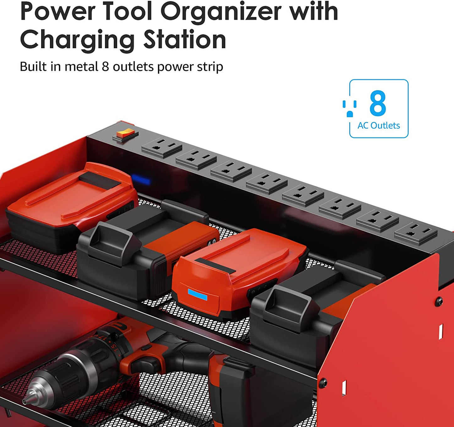 Modular Power Tool Organizer Wall Mount with Charging Station. Garage 4 Drill Storage Shelf with Hooks, Screwdriver, Drill Bit Heavy Duty Rack, Tool Battery Holder Built in 8 Outlet Power Strip.