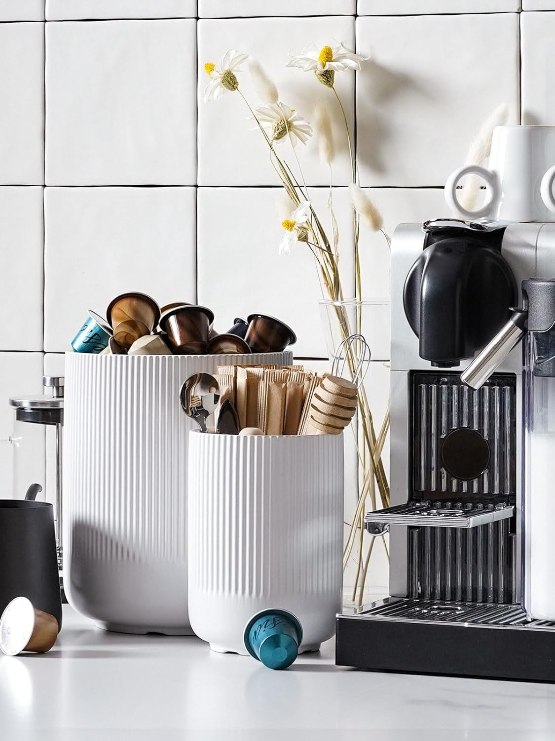 Utensil Holder, Set of 2, 7.3"+5.4" Ceramic Kitchen Utensil Holder for Counter, Large Cooking Utensil Crocks for Kitchen Decor, Morden Utensil Organizer for Spatula, White