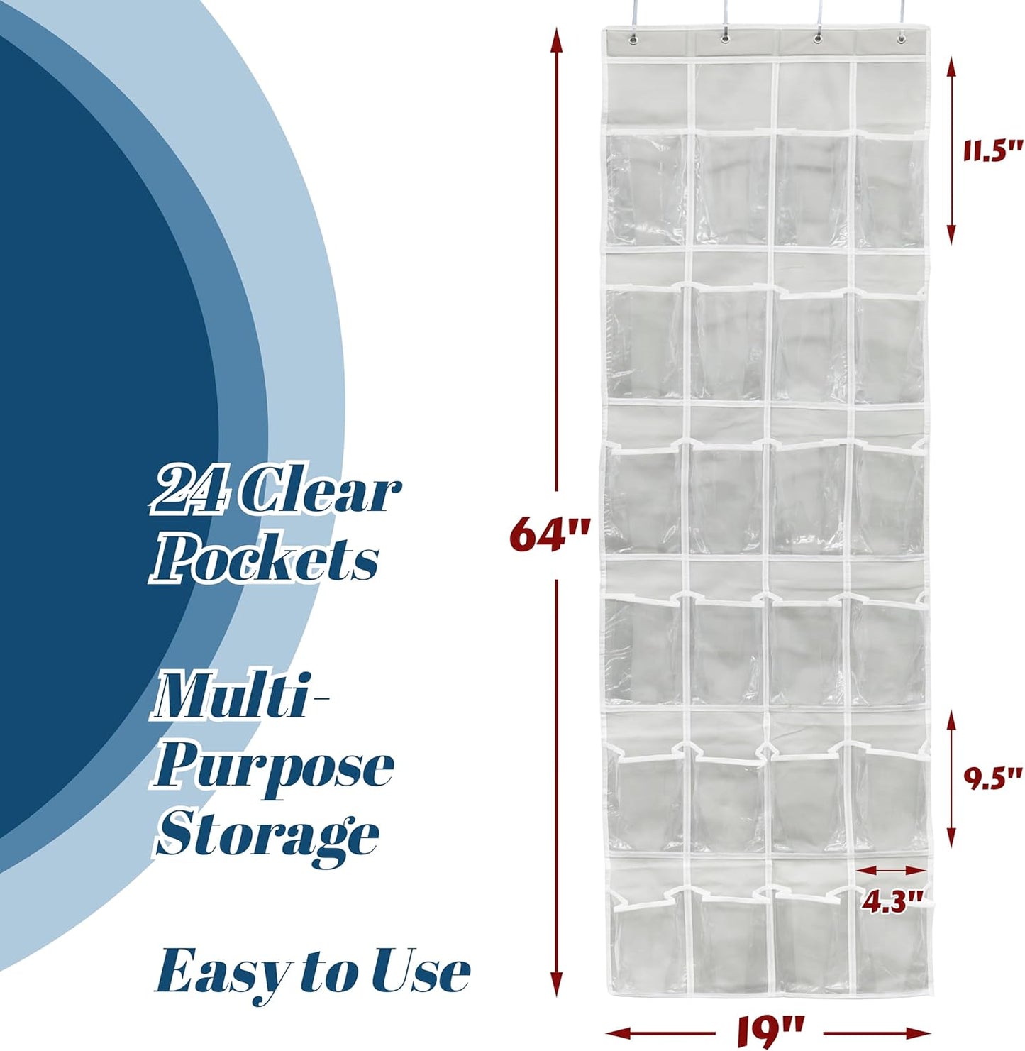 Simplehouseware Crystal Clear over the Door Hanging Shoe Organizer, 24 Pockets, Grey (162.6 Cm H X 48.6 Cm W)