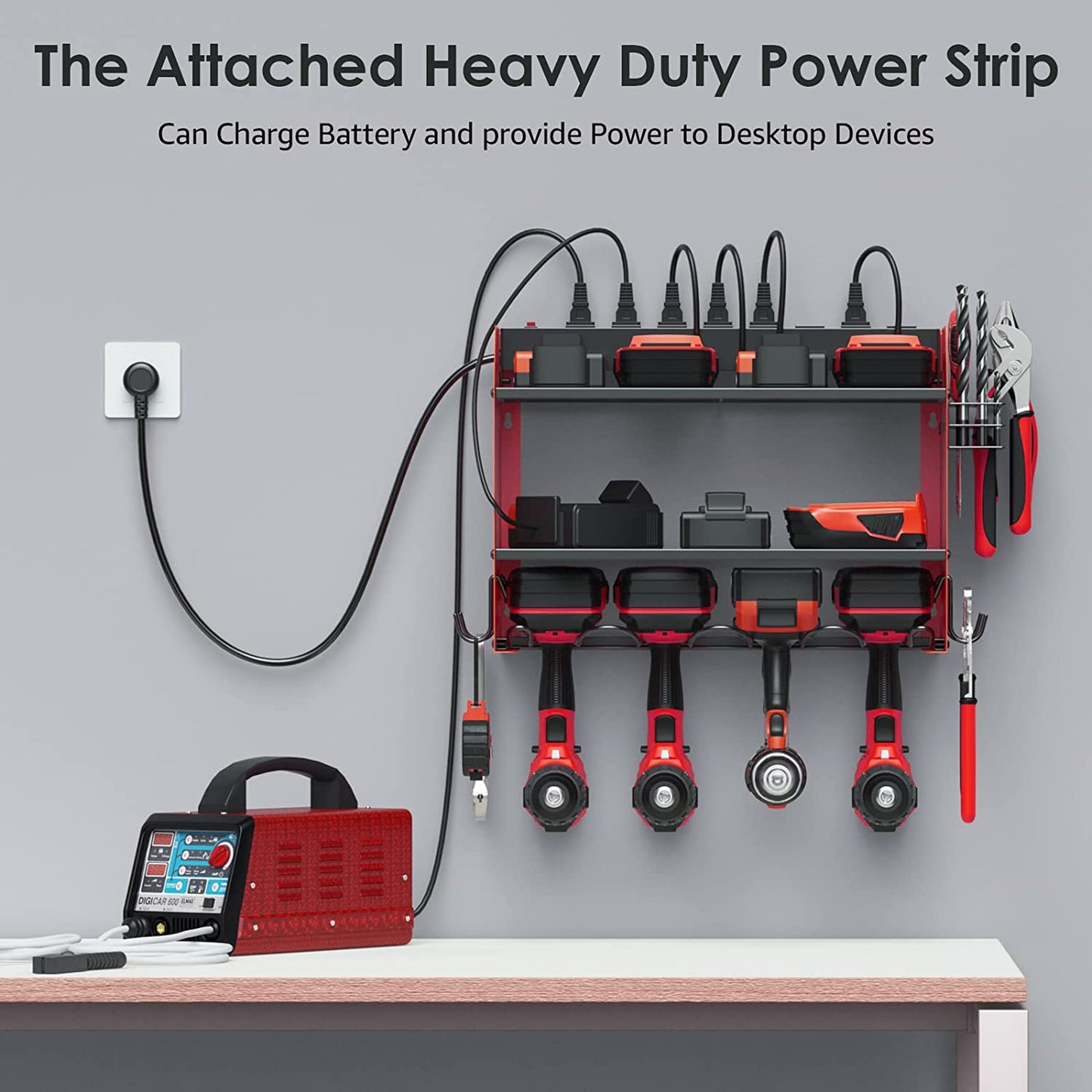 Modular Power Tool Organizer Wall Mount with Charging Station. Garage 4 Drill Storage Shelf with Hooks, Screwdriver, Drill Bit Heavy Duty Rack, Tool Battery Holder Built in 8 Outlet Power Strip.