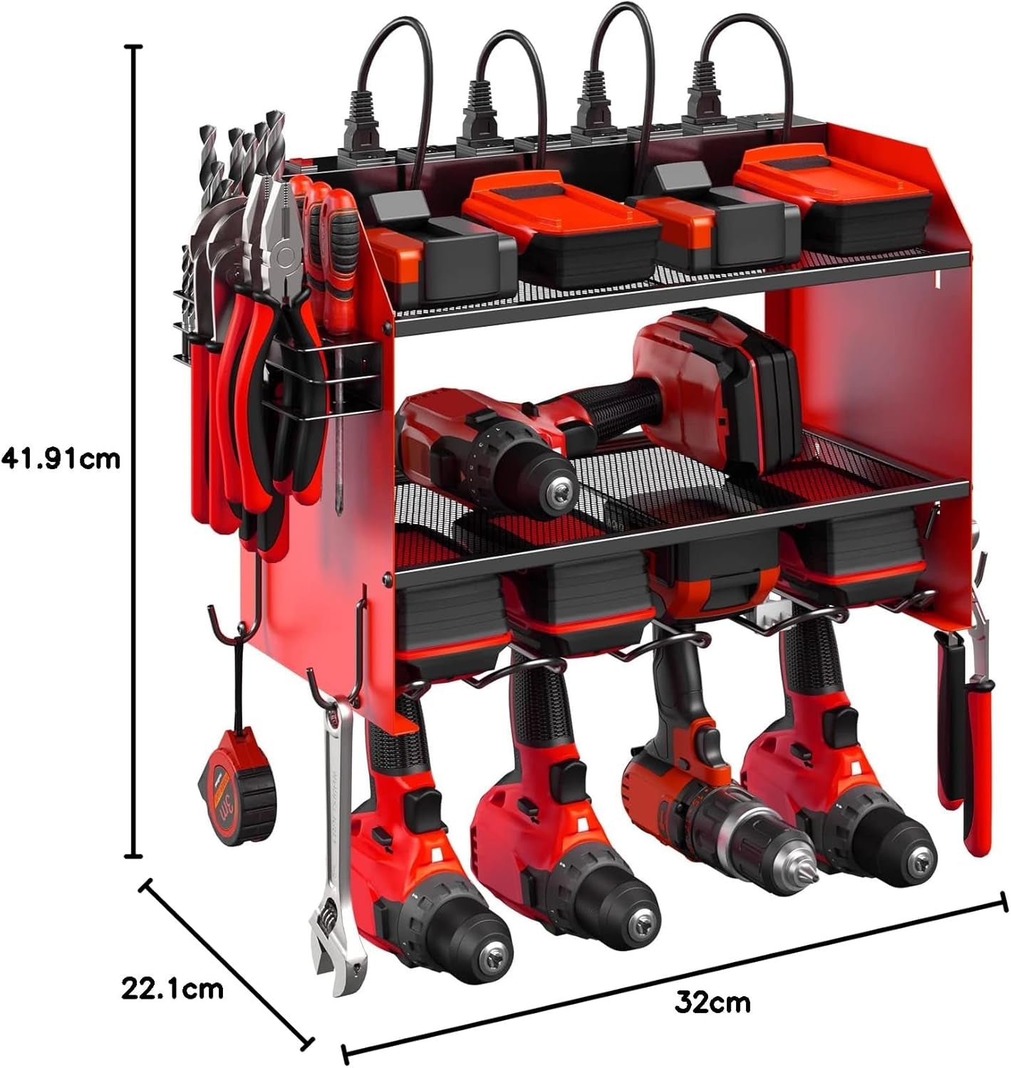 Modular Power Tool Organizer Wall Mount with Charging Station. Garage 4 Drill Storage Shelf with Hooks, Screwdriver, Drill Bit Heavy Duty Rack, Tool Battery Holder Built in 8 Outlet Power Strip.