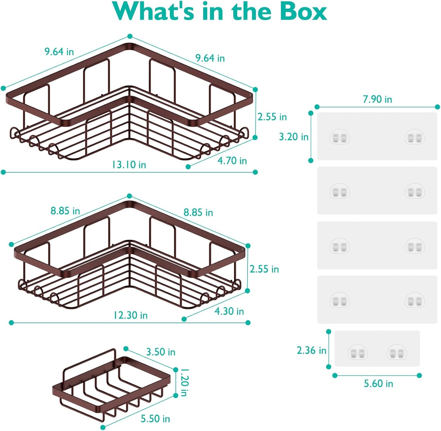 Corner Shower Caddy, 3-Pack Adhesive Shower Caddy with Soap Holder and 12 Hooks, Rustproof Stainless Steel, No Drilling Wall Mounted Rack Organizer, for Bathroom, Bronze