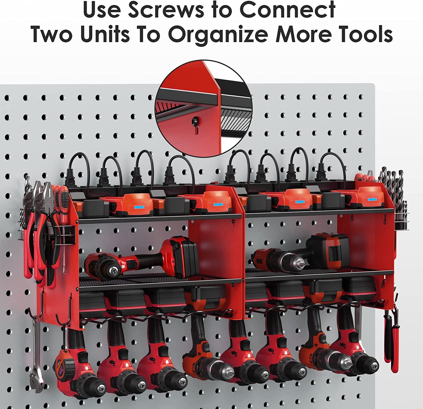 Modular Power Tool Organizer Wall Mount with Charging Station. Garage 4 Drill Storage Shelf with Hooks, Screwdriver, Drill Bit Heavy Duty Rack, Tool Battery Holder Built in 8 Outlet Power Strip.