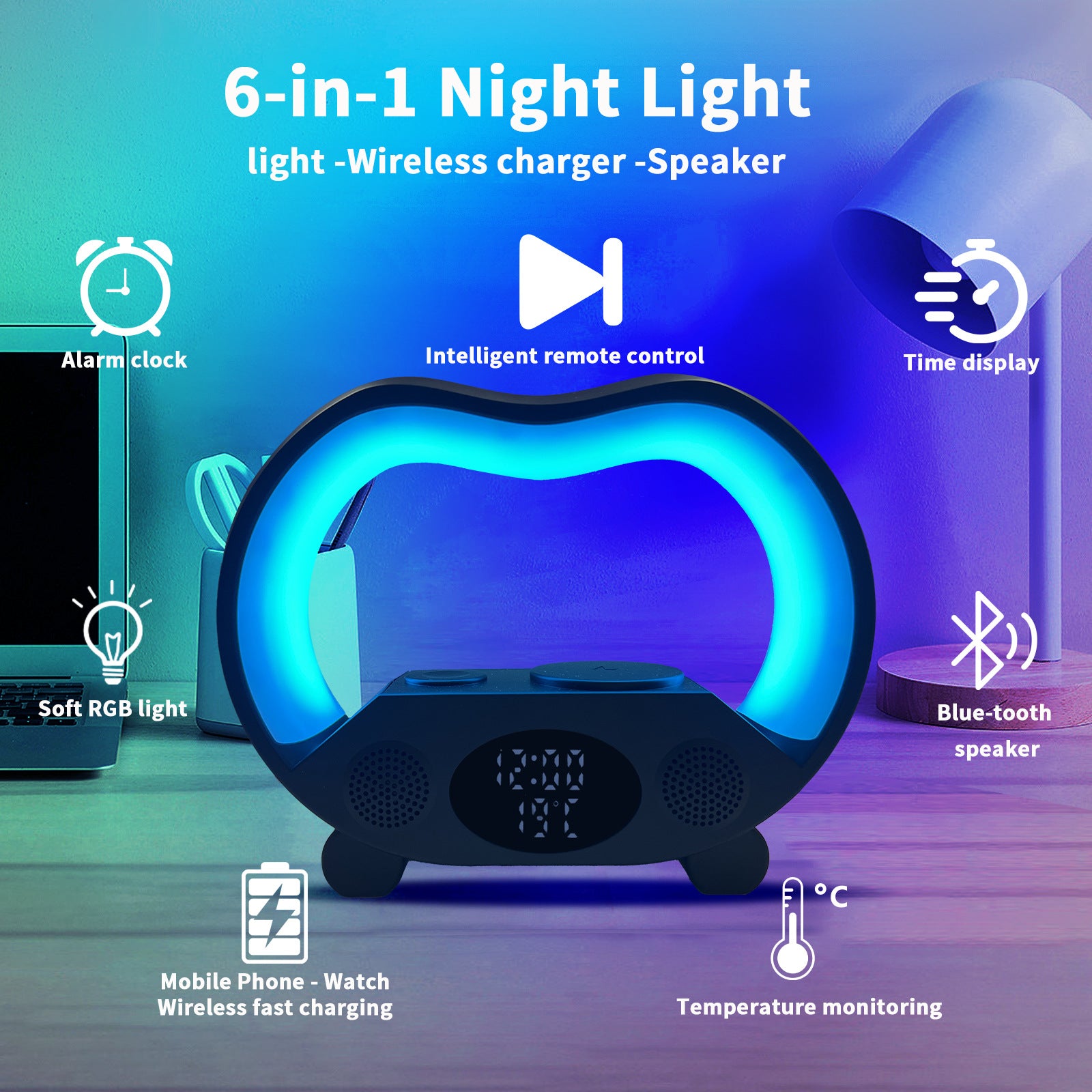 2024 New 6 in 1 Smart Remote Control Bluetooth-Compatible Ambience Intelligent LED Table Lamp Multi-Function Wireless Charger Night Light Bluetooth-Compatible Speaker