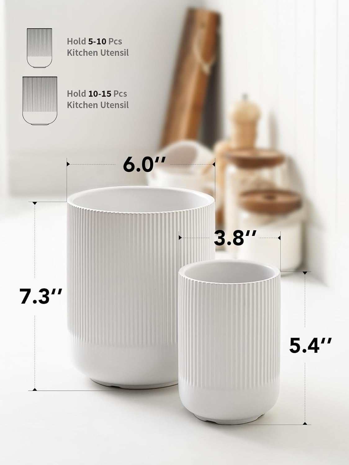 Utensil Holder, Set of 2, 7.3"+5.4" Ceramic Kitchen Utensil Holder for Counter, Large Cooking Utensil Crocks for Kitchen Decor, Morden Utensil Organizer for Spatula, White
