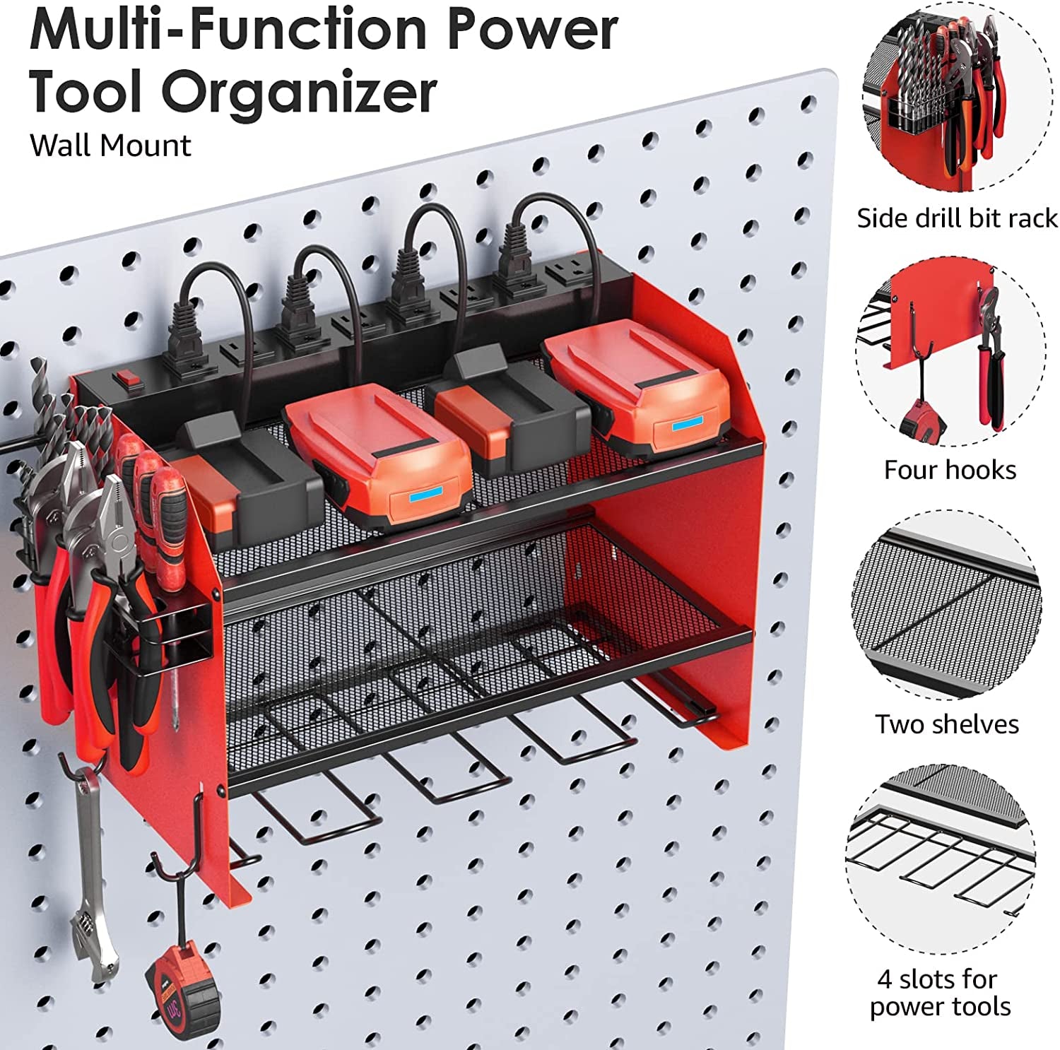 Modular Power Tool Organizer Wall Mount with Charging Station. Garage 4 Drill Storage Shelf with Hooks, Screwdriver, Drill Bit Heavy Duty Rack, Tool Battery Holder Built in 8 Outlet Power Strip.