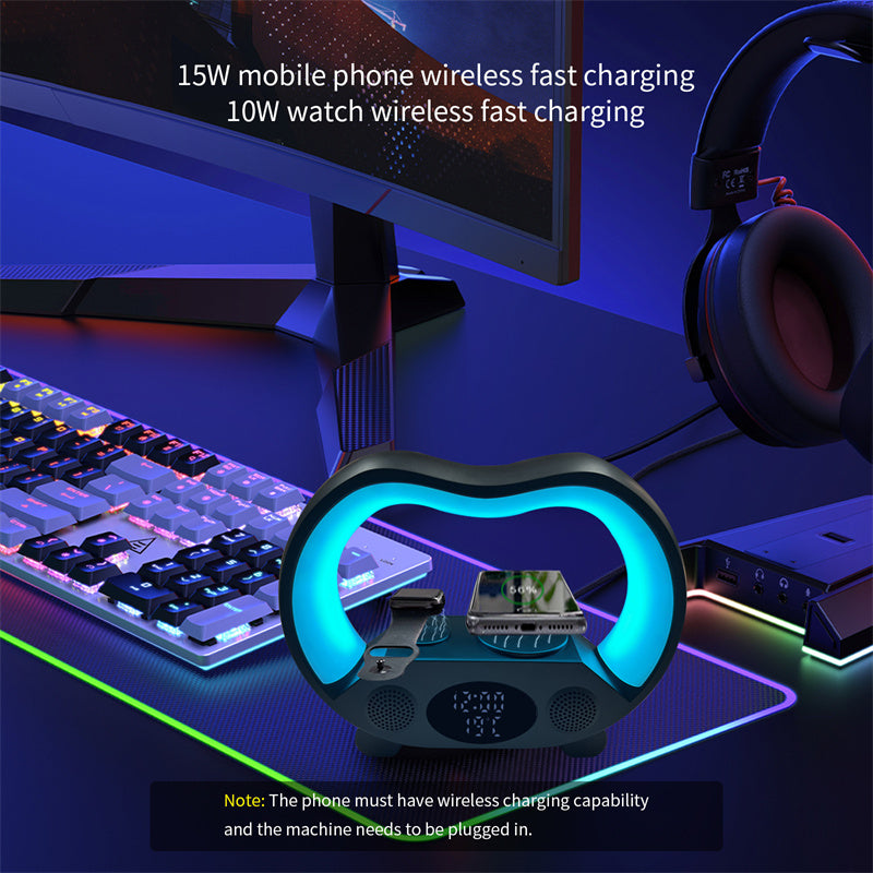 2024 New 6 in 1 Smart Remote Control Bluetooth-Compatible Ambience Intelligent LED Table Lamp Multi-Function Wireless Charger Night Light Bluetooth-Compatible Speaker