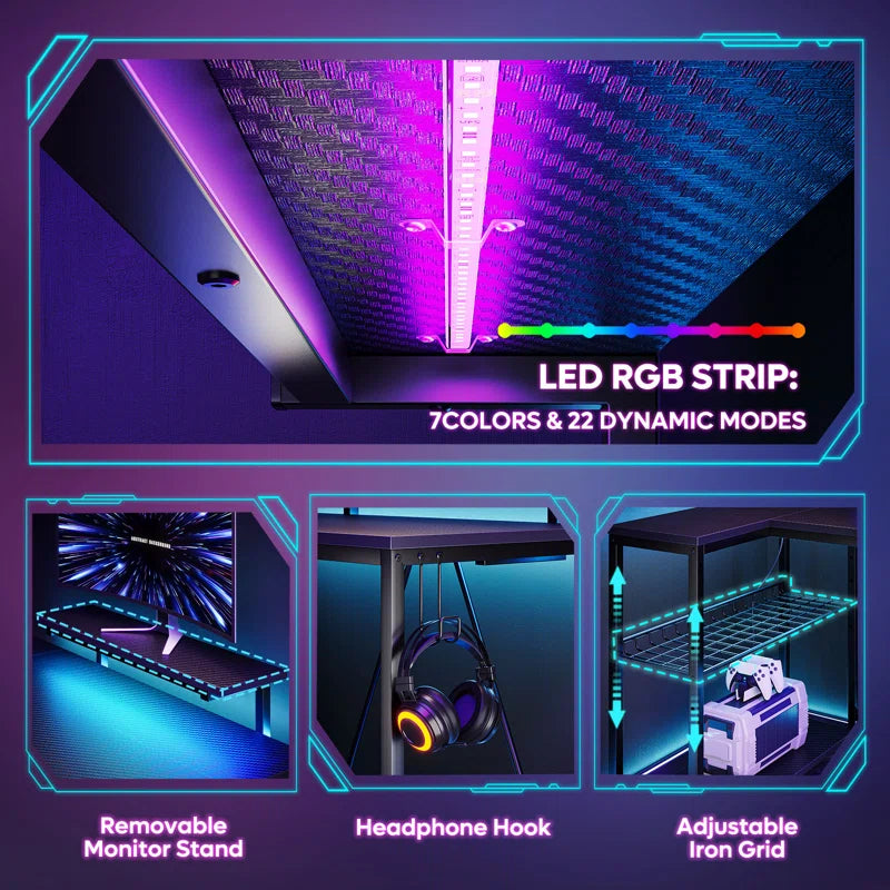 Nedyo 48" L-Shaped Computer Desk with Power Outlet, LED Gaming Work Desk with Monitor Stand