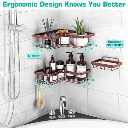Corner Shower Caddy, 3-Pack Adhesive Shower Caddy with Soap Holder and 12 Hooks, Rustproof Stainless Steel, No Drilling Wall Mounted Rack Organizer, for Bathroom, Bronze