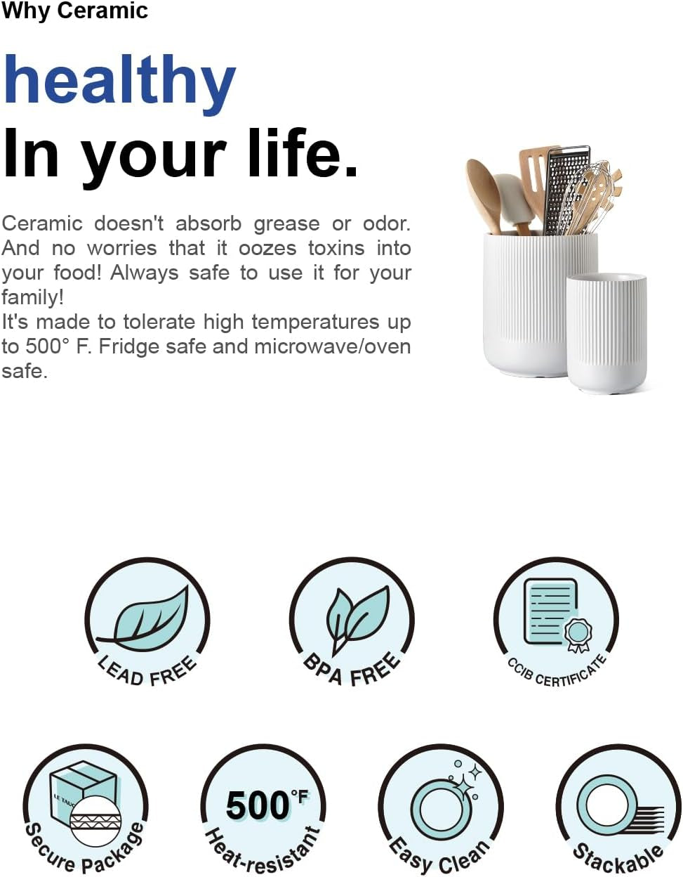 Utensil Holder, Set of 2, 7.3"+5.4" Ceramic Kitchen Utensil Holder for Counter, Large Cooking Utensil Crocks for Kitchen Decor, Morden Utensil Organizer for Spatula, White