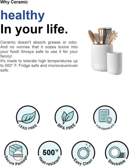 Utensil Holder, Set of 2, 7.3"+5.4" Ceramic Kitchen Utensil Holder for Counter, Large Cooking Utensil Crocks for Kitchen Decor, Morden Utensil Organizer for Spatula, White