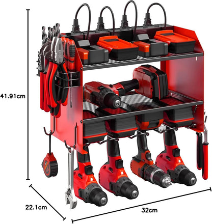 Modular Power Tool Organizer Wall Mount with Charging Station. Garage 4 Drill Storage Shelf with Hooks, Screwdriver, Drill Bit Heavy Duty Rack, Tool Battery Holder Built in 8 Outlet Power Strip.