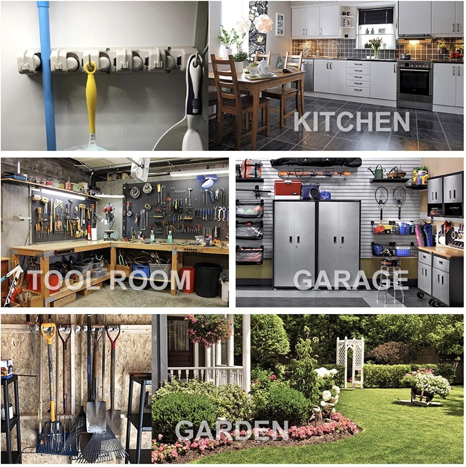 2 Pack Mop and Broom Holder, Wall Mounted Organizer Mop and Broom Storage Tool Rack with 5 Ball Slots and 6 Hooks (Black)